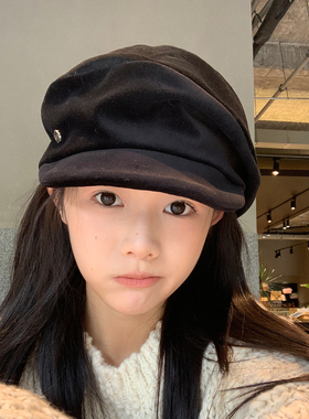 时髦丝绒报童帽女秋冬宽檐贝雷帽