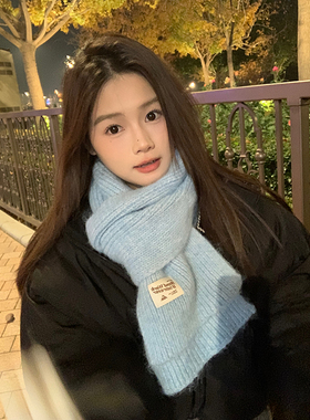 短款海盐蓝针织保暖围巾女冬季
