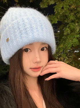 韩版冰岛蓝毛线帽女秋冬季冷帽