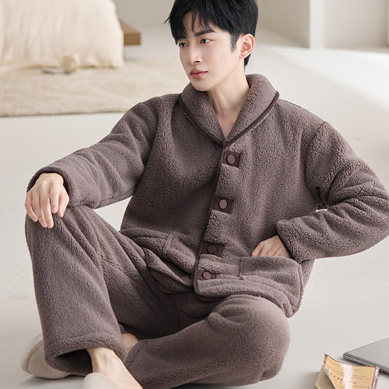 2025秋冬季青果领贴布扣珊瑚绒睡衣加厚咖色大码男士家居服套装,淘宝优惠券,粉丝福利购,淘宝优惠卷