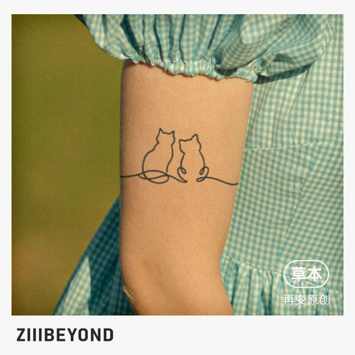 再变 双猫依偎个性逼真草本纹身贴防汗高级感动物贴纸女保持久 - 图1