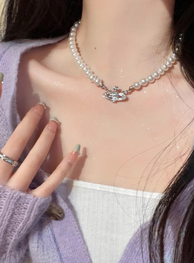 西太后锆石土星球珍珠项链女款2024新款爆款时尚感毛衣链颈链