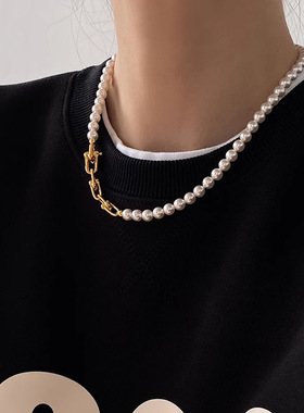 珍珠毛衣链女百搭款高级强光施珍珠拼接项链女简约卫衣锁骨链饰品
