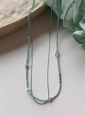春意盎然 新中式手作串珠双层叠戴天然石米珠锁骨链叠戴项链