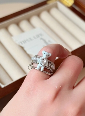小红书同款迷你小熊仿珍珠多层戒指小众设计百搭通勤时尚指环