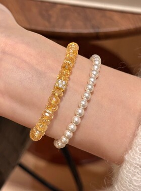 爆闪！波光粼粼招财转运刻面天然黄水晶手串叠戴百搭路路通手链女