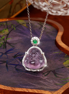 s925纯银天然高冰清透紫晶佛公项链女精致小众百搭感气质轻奢