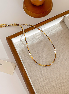 爆款美拉德咖啡色虎眼石极细精致锁骨链网红级设计感项链颈链女