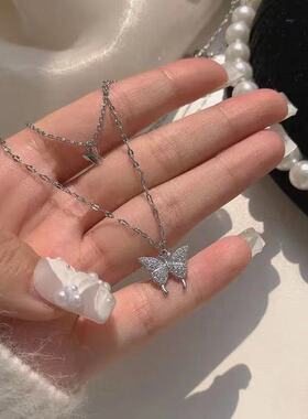 双层蝴蝶项链~闪钻2021春夏新款潮颈链女ins韩国百搭冷淡风锁骨链