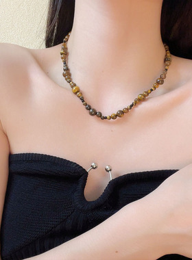 复古国潮天然虎眼石串珠项链女小众美拉德新中式毛衣链气质颈链款