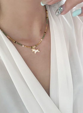 复古时尚天然石贝壳独角兽珍珠项链女款串珠轻奢小众感锁骨链