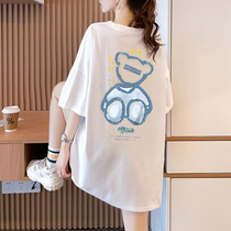 Large size womens dress Summer small bear printed short sleeve T-shirt woman loose Korean version of the European and American Chaobots pure cotton half sleeve clothes