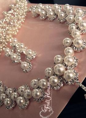 唯美韩式珍珠水钻新娘头饰皇冠项链套装新娘饰品结婚饰品三件套