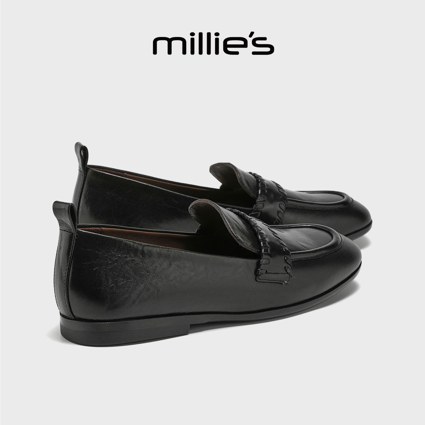 MILLIE'S/妙丽真皮平底乐福鞋女春季黑色一脚蹬通勤复古风豆豆鞋,淘宝优惠券,粉丝福利购,淘宝优惠卷