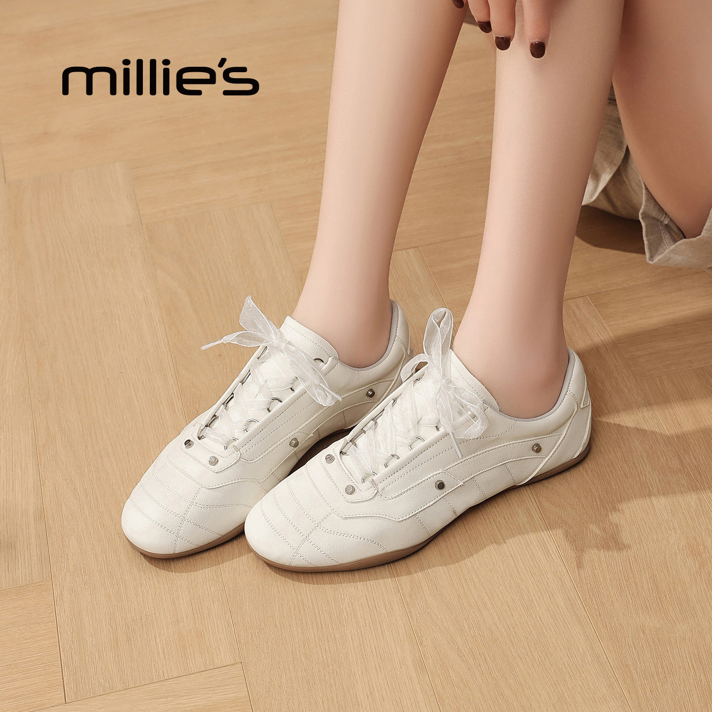 MILLIE'S妙丽银色芭蕾风平底单鞋女真皮百搭休闲鞋,淘宝优惠券,粉丝福利购,淘宝优惠卷