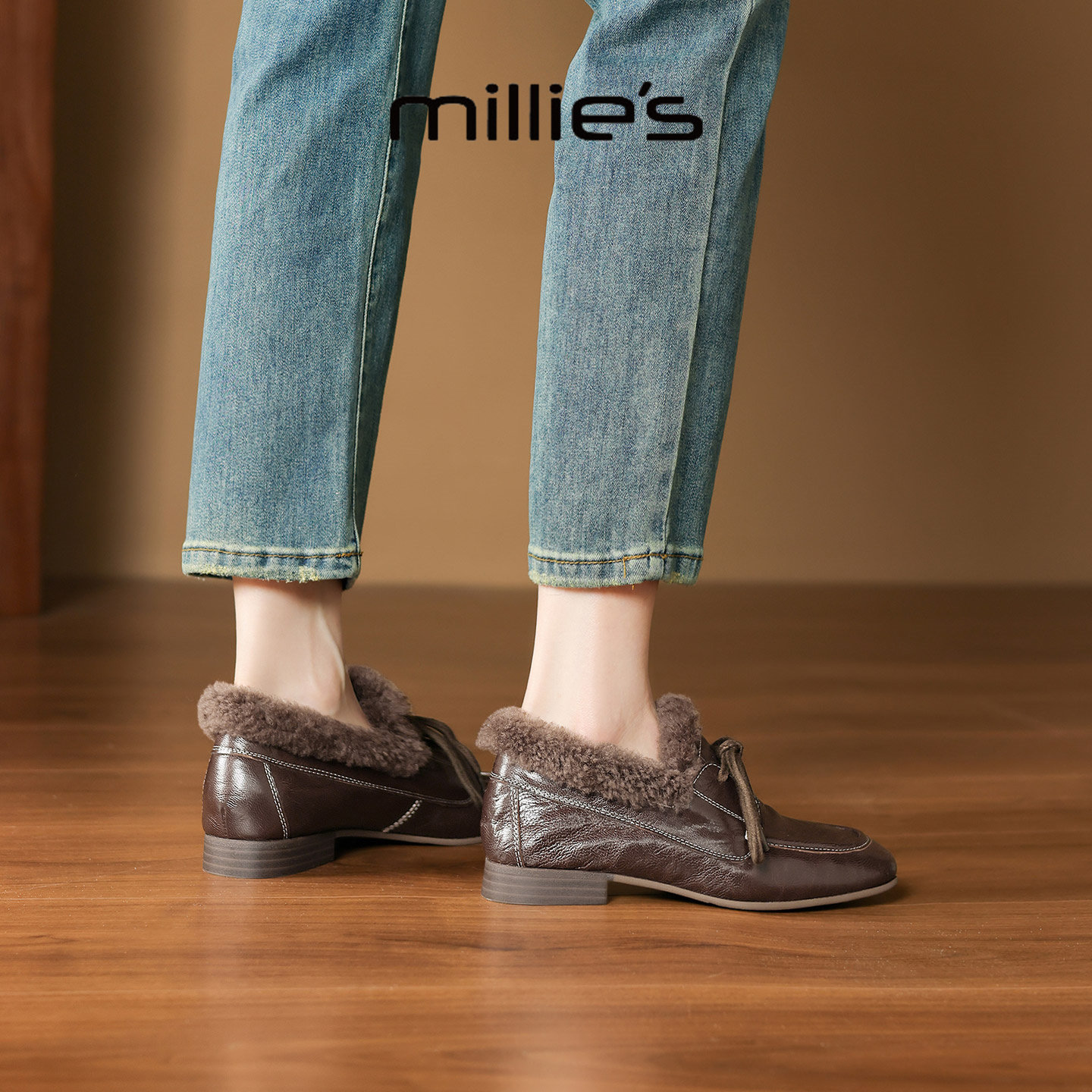 MILLIE'S/妙丽小皮鞋女2025新款冬季加绒保暖毛毛棉鞋乐福豆豆鞋,淘宝优惠券,粉丝福利购,淘宝优惠卷
