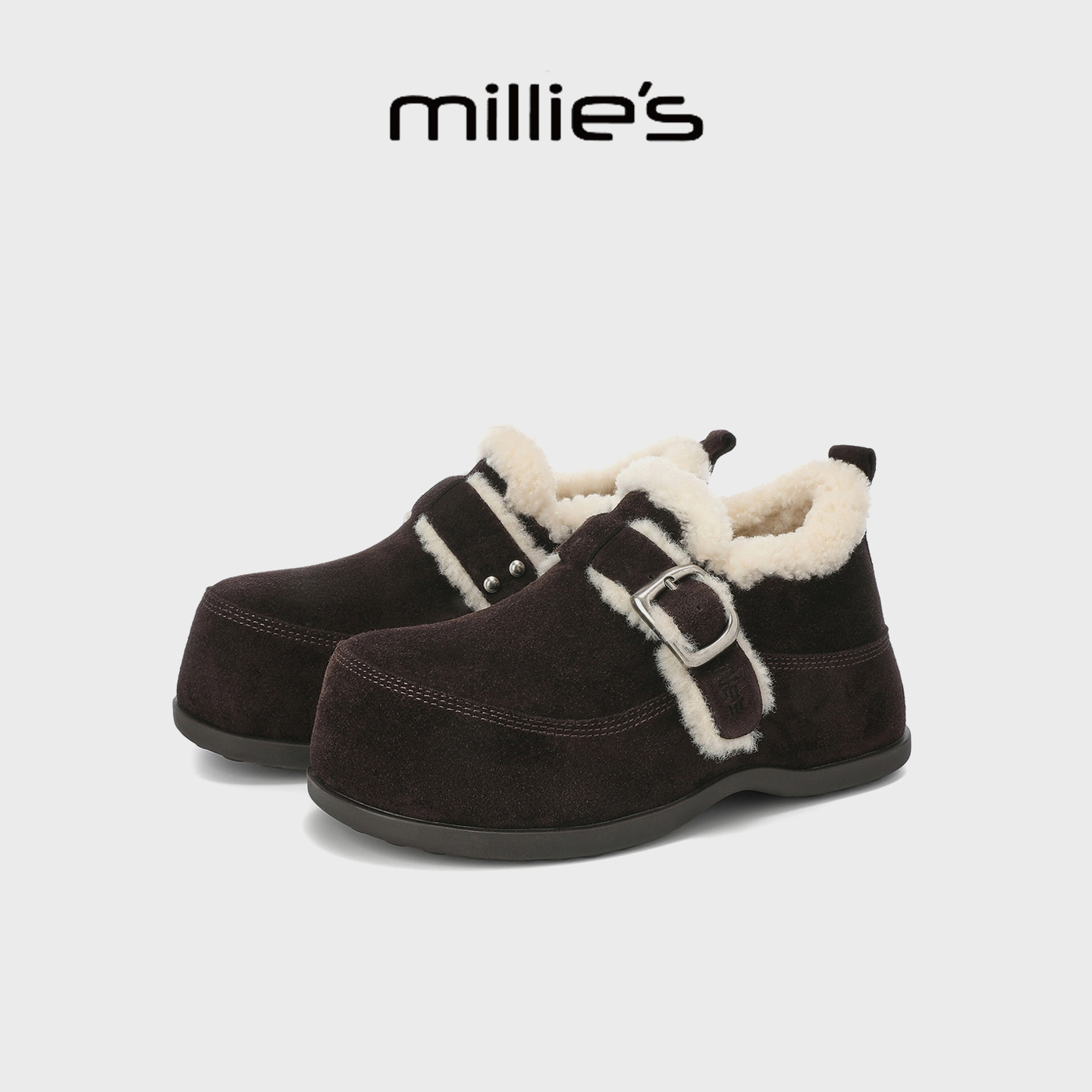 MILLIE'S/妙丽毛绒全包勃肯鞋女鞋冬季厚底加绒保暖休闲外穿棉鞋 - 图1
