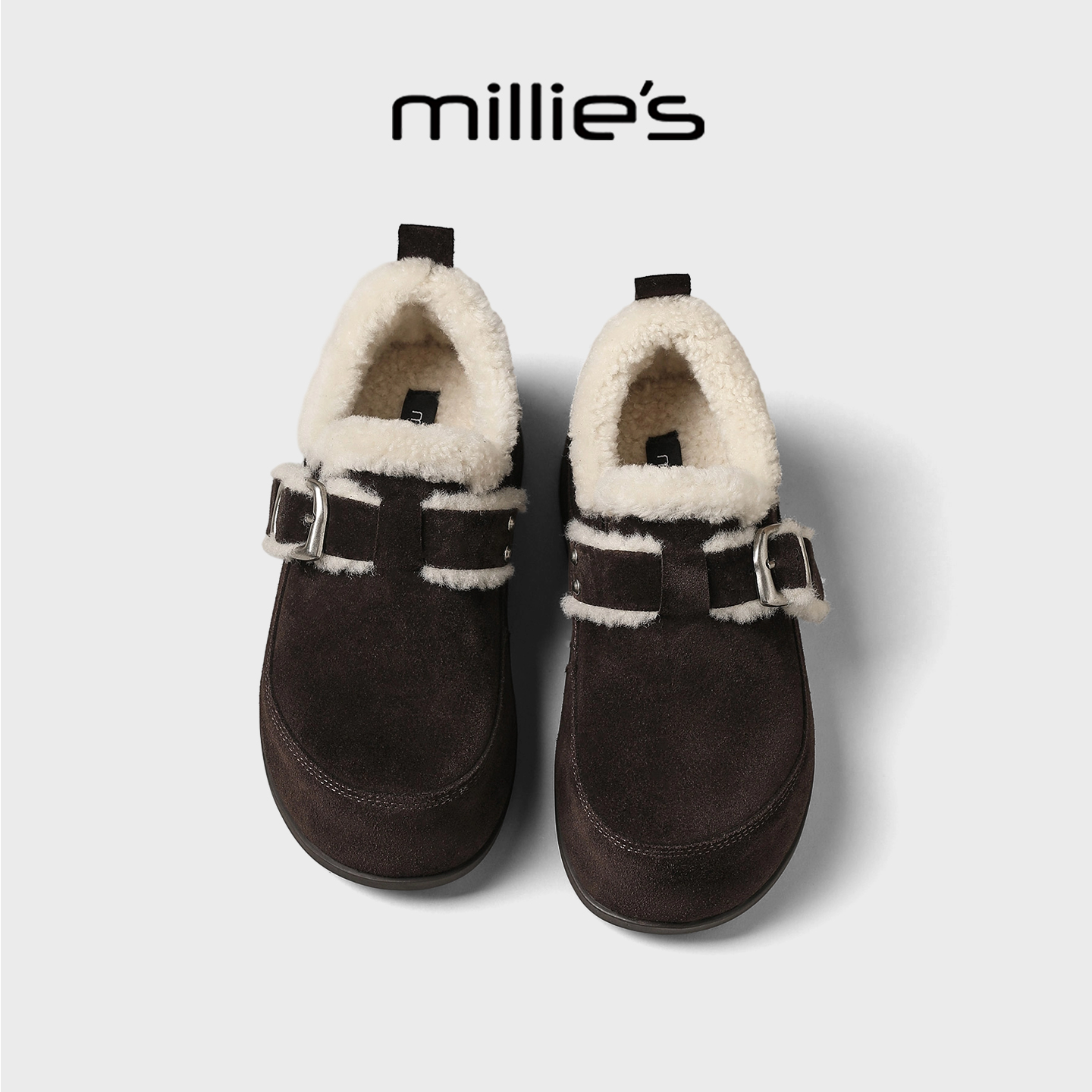MILLIE'S/妙丽毛绒全包勃肯鞋女鞋冬季厚底加绒保暖休闲外穿棉鞋 - 图1