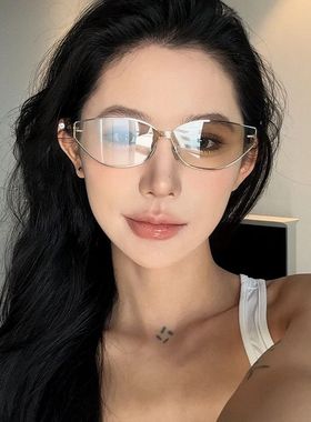 复古欧美风无框水银色Y2K亚裔辣妹风网感墨镜女方圆脸显瘦太阳镜