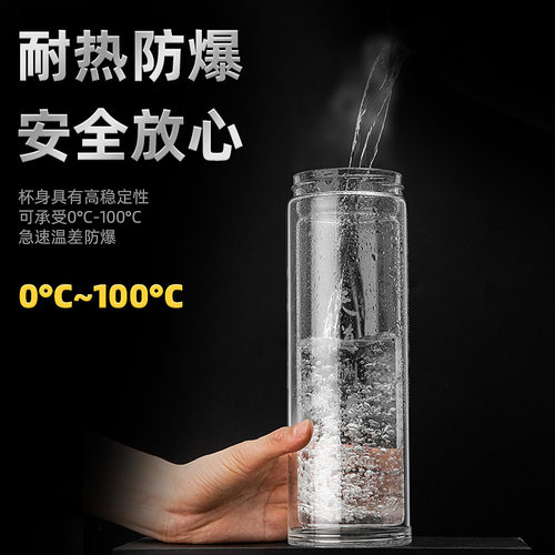 明霞双层玻璃杯便携大容量办公泡茶水杯带盖家用加厚高硼硅茶杯子 - 图0
