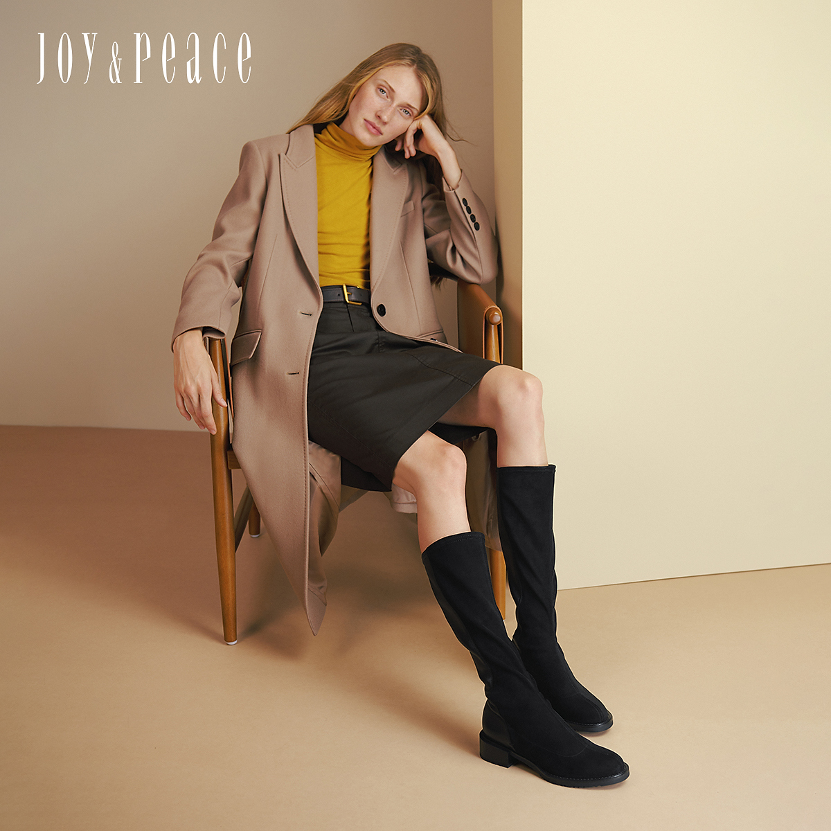 真美诗2025冬季新款羊皮拼接瘦瘦靴厚底骑士靴显瘦长靴女YUJ62DG5 - 图1