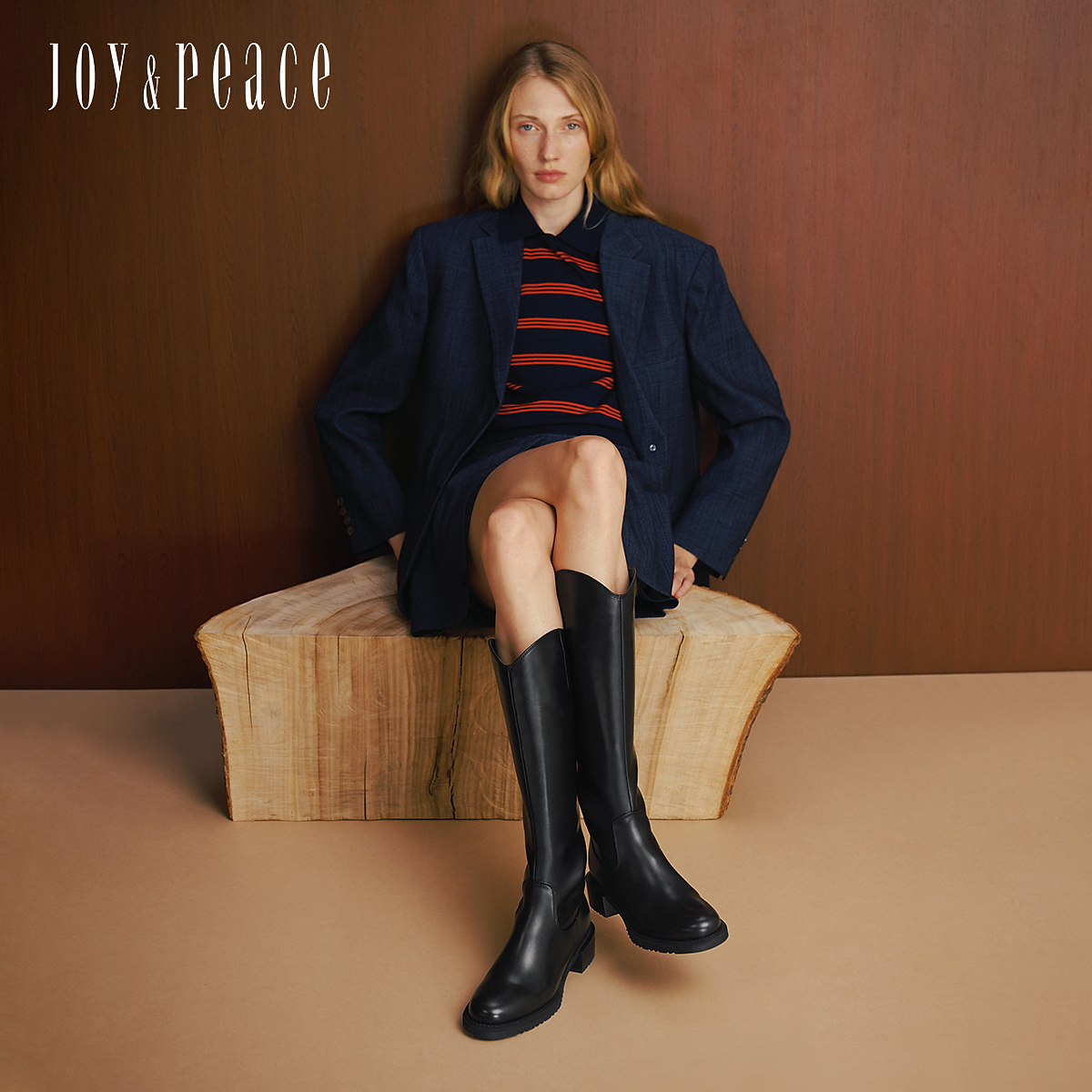 真美诗冬季质感牛皮圆头显瘦V口长筒靴粗跟骑士靴女YUJ38DG5 - 图2