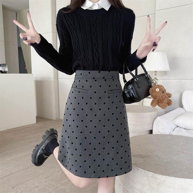 French miu intellectual gray polka dot midi skirt