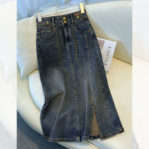 Retro Autumn Winter Denim Half Body Dress Woman 2023 New Fall Exploits High Waist A Character Plus Suede Slim Wrap Hip Half Skirt