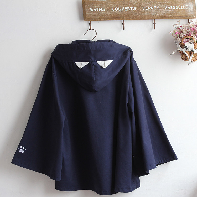 男女通款日系清新喇叭袖开衫耳朵宽松连帽外套猫刺绣学生斗篷罩衫,淘宝优惠券,粉丝福利购,淘宝优惠卷