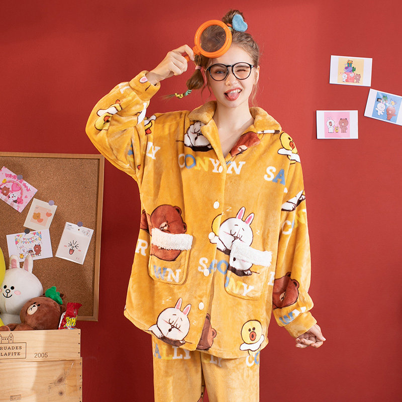芬腾秋冬布朗熊可爱加绒珊瑚绒睡衣 芬腾润诚睡衣/家居服套装