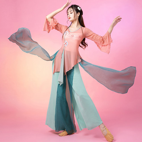 古典舞蹈女飘逸纱衣身韵练功服装新款短款上衣中国风民族表演出套 - 图0