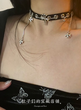 甜酷辣妹黑色PU皮质十字架链条流苏项圈暗黑系时髦个性项链颈链潮