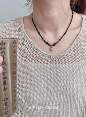 复古醒狮吊坠天然石项链女新中式黑曜石锁骨链轻奢高级感配饰汉服