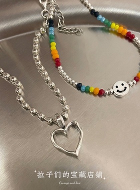 六色彩虹珠子笑脸爱心双层叠戴吊坠项链锁骨新款百搭颈链女