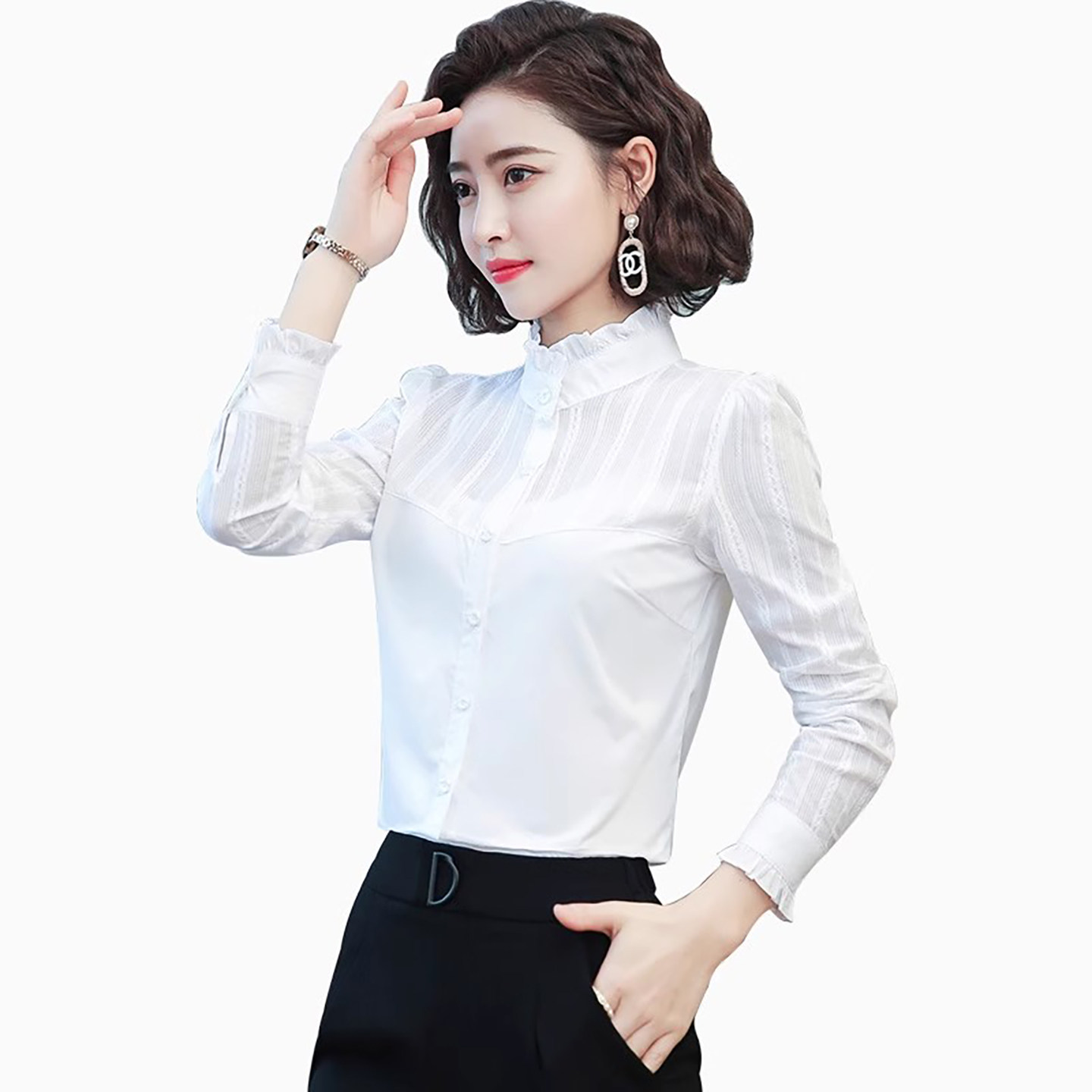 衬衫女长袖2025春秋新款白色显瘦立领木耳打底衫百搭上衣气质衬衣,淘宝优惠券,粉丝福利购,淘宝优惠卷