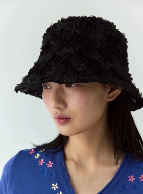 现货 韩国 sienne蕾丝网纱半透立体玫瑰花渔夫帽遮阳盆帽套头帽女