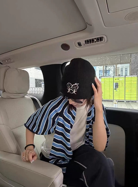 现韩国urban 26秋冬新款 火柴人刺绣针织帽保暖护耳毛线帽冷帽女