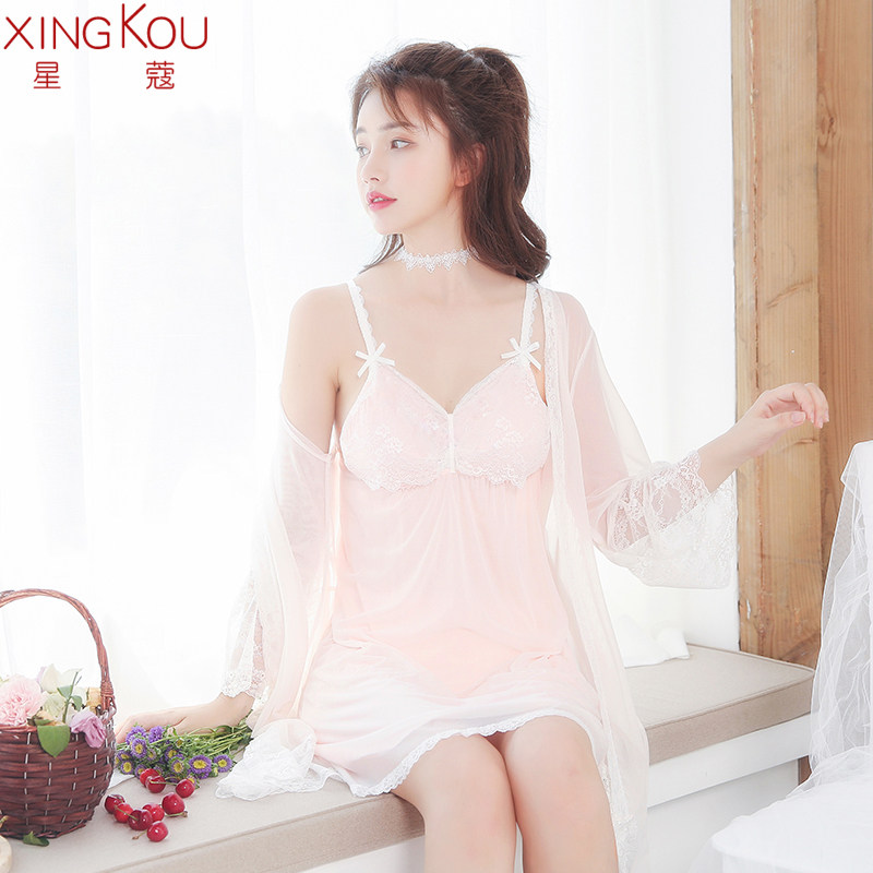 性感春秋带胸垫两件套冰丝蕾丝睡裙 星蔻睡裙
