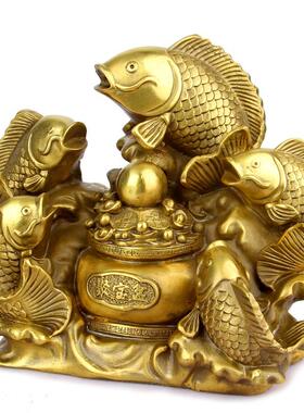 黄铜金龙鱼摆件铜聚宝盆五福金龙鱼摆设家居饰品开业礼品