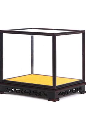 紫檀实木玻璃罩宝笼防尘摆件展示底座工艺品红木佛像花瓶透明罩子
