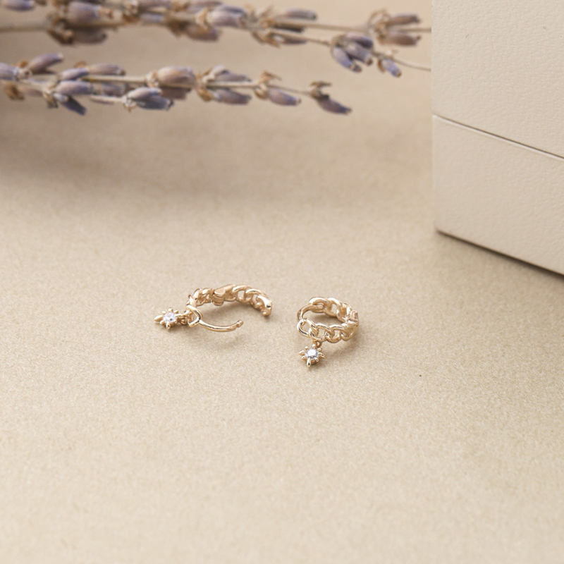 JinJewelry纯14K金耳骨环简约黄金镂空麻花锆石坠耳环小耳扣女款-图2