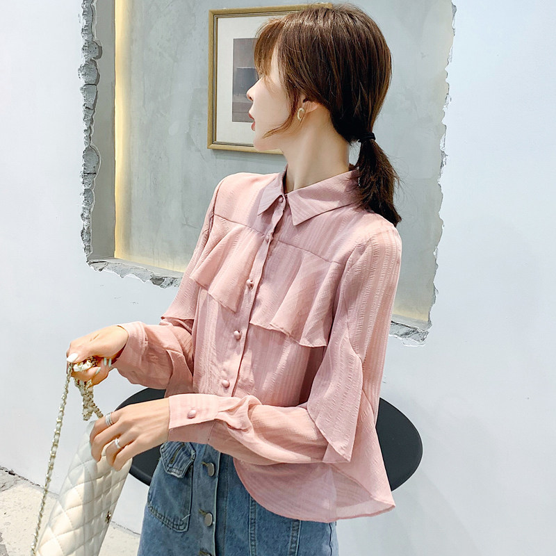 2020秋装新款洋气百搭荷叶边薄衬衫 花胡猫蕾丝衫/雪纺衫