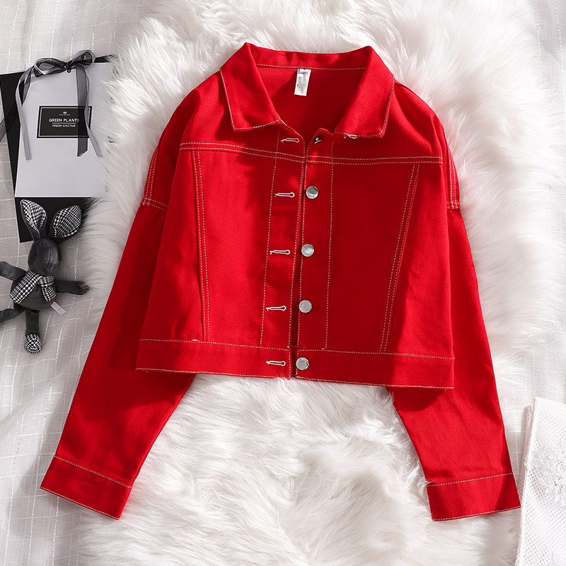 红色牛仔2020春秋新款韩版短外套 花胡猫短外套