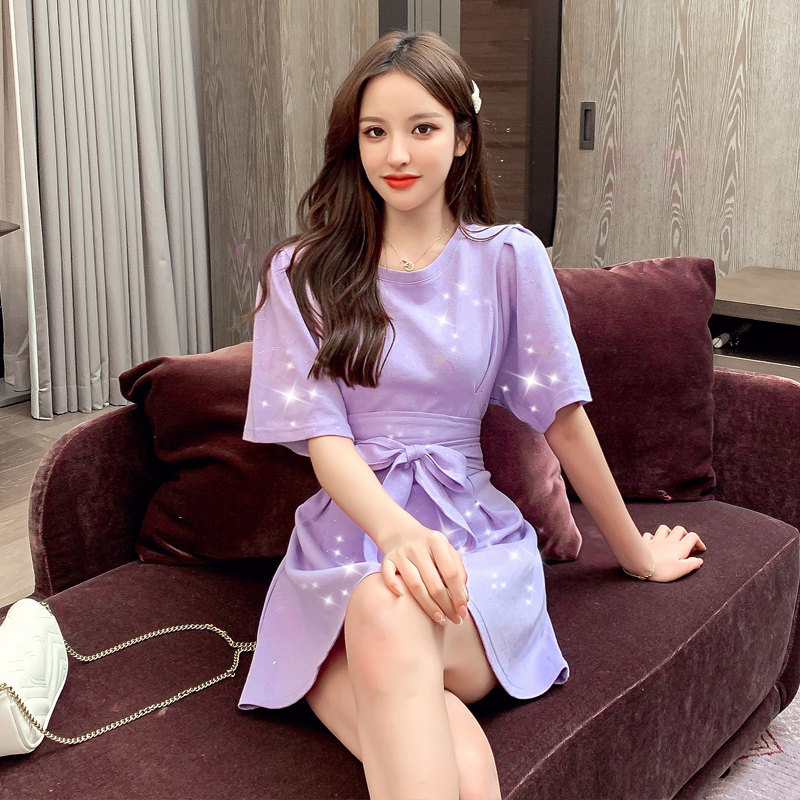 blingbling裙子女2020夏季新款短袖 花胡猫连衣裙