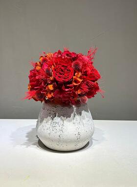 轻奢高端橙红色永生花艺摆件样板家酒店售楼处前台玄关摆设高级感