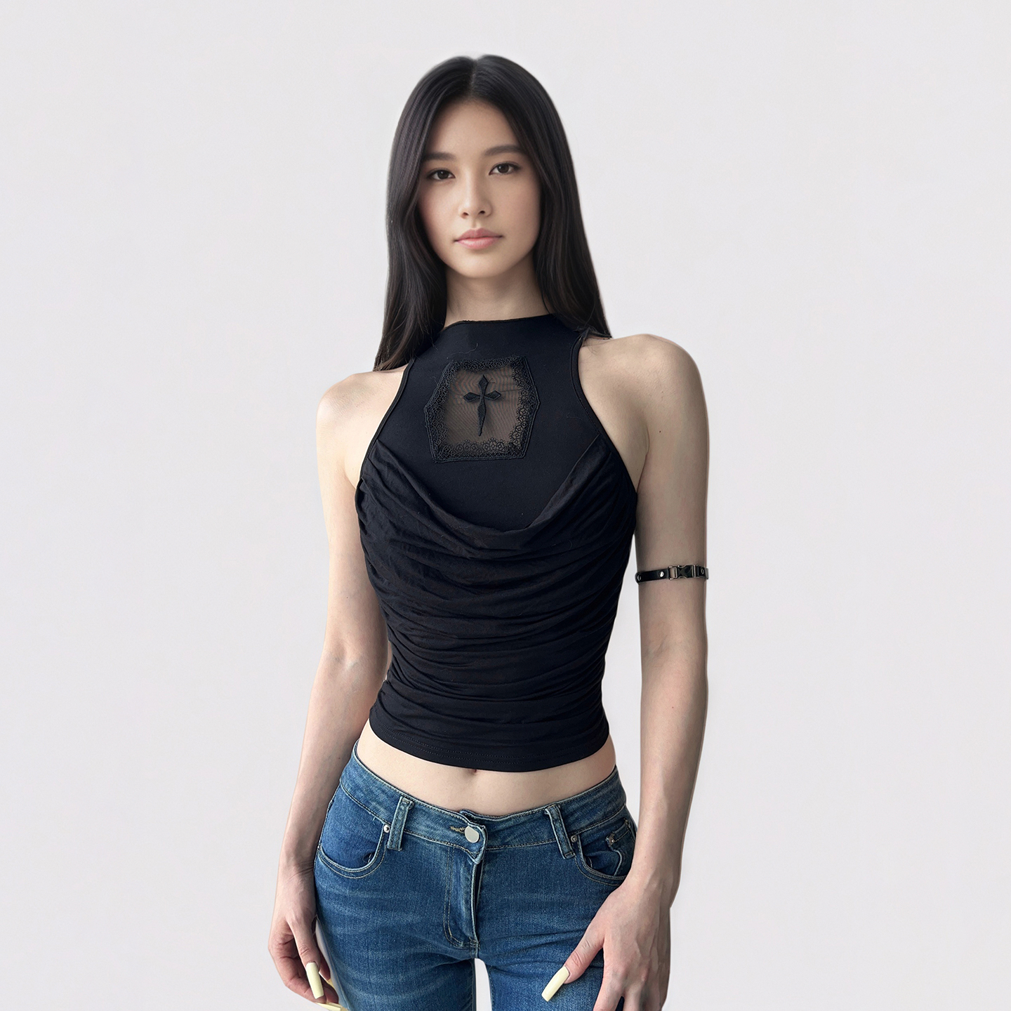 FUNOFF 美式街头黑色荡领十字架无袖背心复古亚文化露脐收腰上衣 - 图1