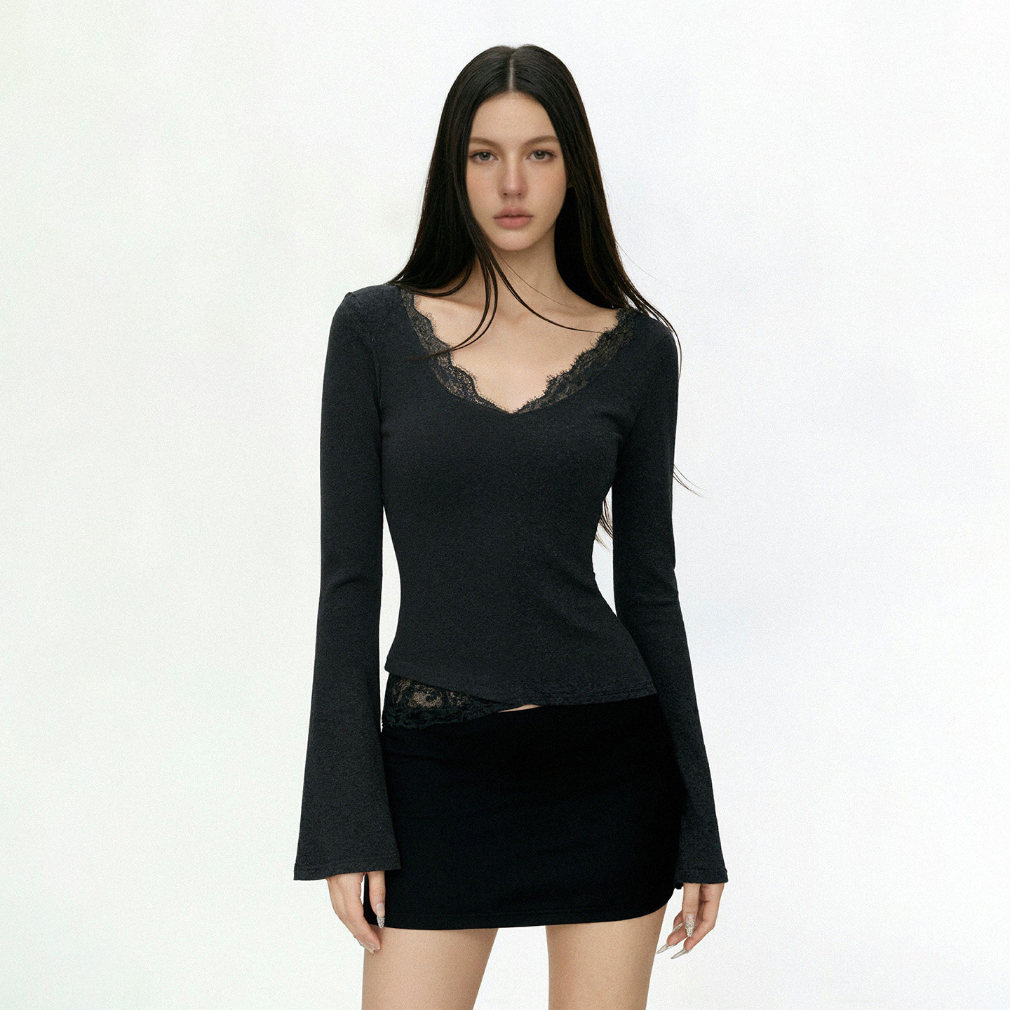 FUNOFF 美式复古灰色蕾丝V领喇叭长袖T恤简约修身收腰内搭上衣女,淘宝优惠券,粉丝福利购,淘宝优惠卷