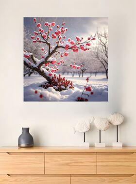 仿真下雪天红梅园如梦如幻美丽画卷风景贴纸画餐厅走廊出租房装饰