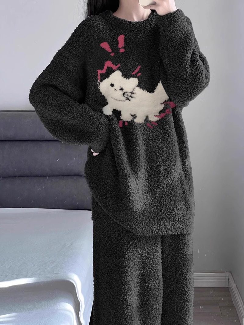 ins高级感半边绒睡衣女冬款卡通小猫加厚珊瑚绒家居服套装可外穿,淘宝优惠券,粉丝福利购,淘宝优惠卷