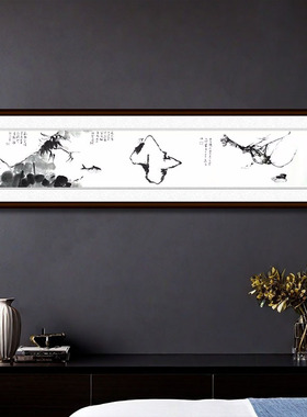 水墨花鸟画 横幅荷花塘 手绘国画 仿八大山人禅字画 客厅挂画定制